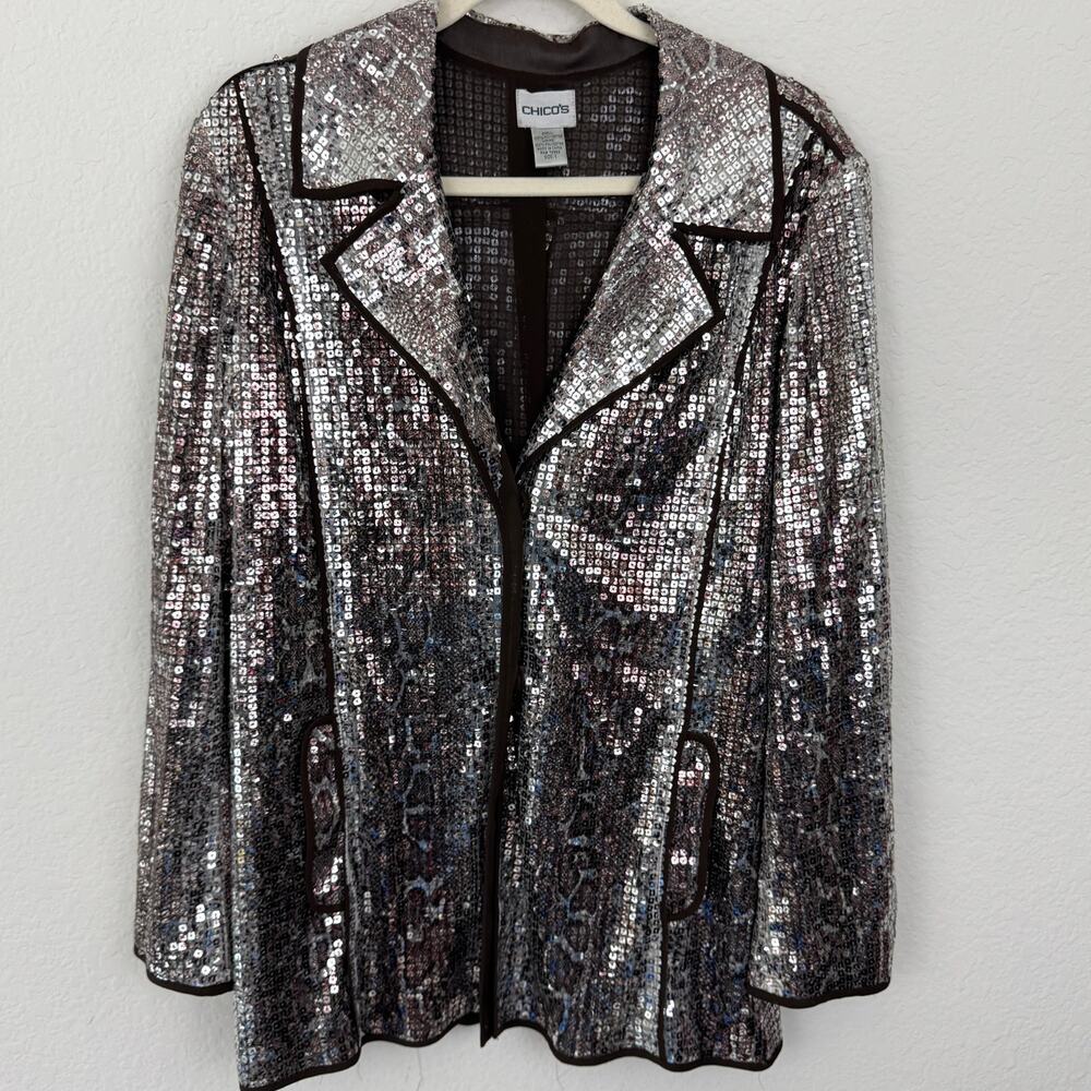Chico's Womens Embellished Jacket Blazer Size M Sequin Party Brown